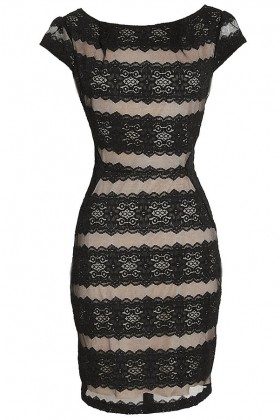 Night Falls Black and Nude Banded Lace Cap Sleeve Dress